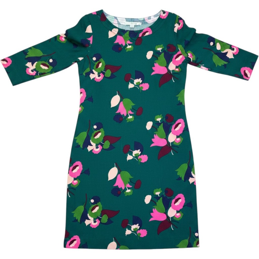 Boden Floral Shift Dress Mod Retro Botanical 3/4 Sleeve US 4L Green Pink